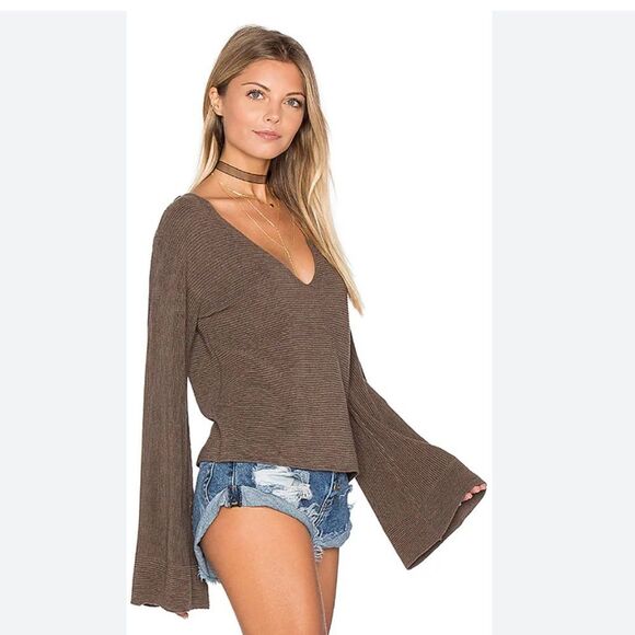 Free People Starman V Pullover Top Sweater Brown Size S Ribbed Wool blend - Picture 2 of 8